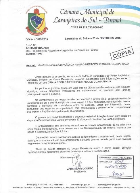 Câmara se manifesta contraria a criação da Região Metropolitana de Guarapuava.